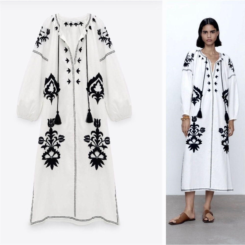 Zara Black and White Embroidered Dress